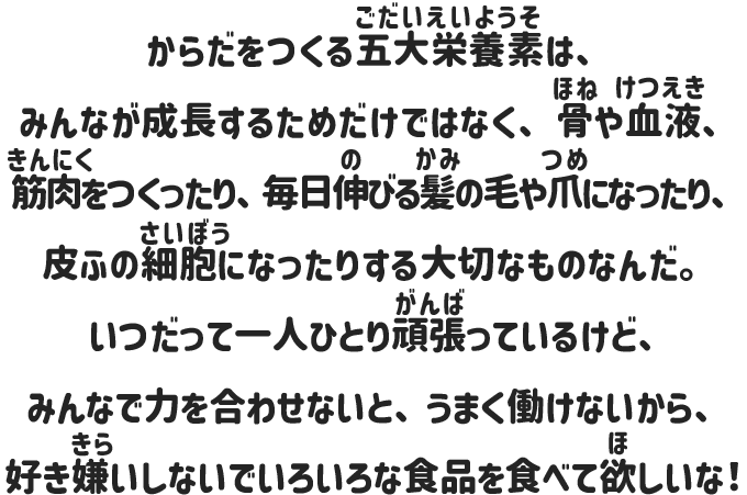 からだをつくる五大栄養素は、みんなが成長するためだけではなく、骨や血液、筋肉をつくったり、毎日伸びる髪の毛や爪になったり、皮ふの細胞になったりする大切なものなんだ。いつだって一人ひとり頑張っているけど、みんなで力を合わせないと、うまく働けないから、好き嫌いしないでいろいろな食品を食べて欲しいな！