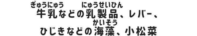 牛乳などの乳製品、レバー、ひじきなどの海藻