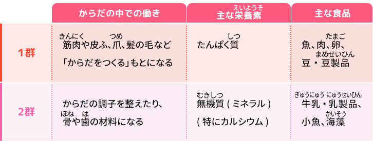 「主にからだの組織をつくる」：1群・2群