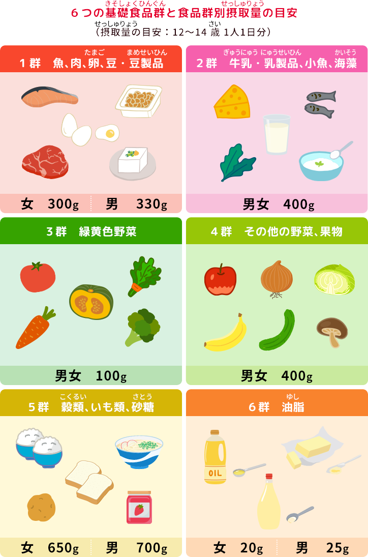 6つの食品群と食品群別摂取量の目安