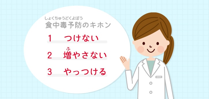 食中毒予防の3原則は 「つけない」「増やさない」「やっつける」