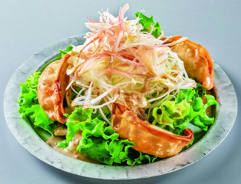 Fried Gyoza (Dumplings) Salad with Deep-Roasted Sesame Dressing