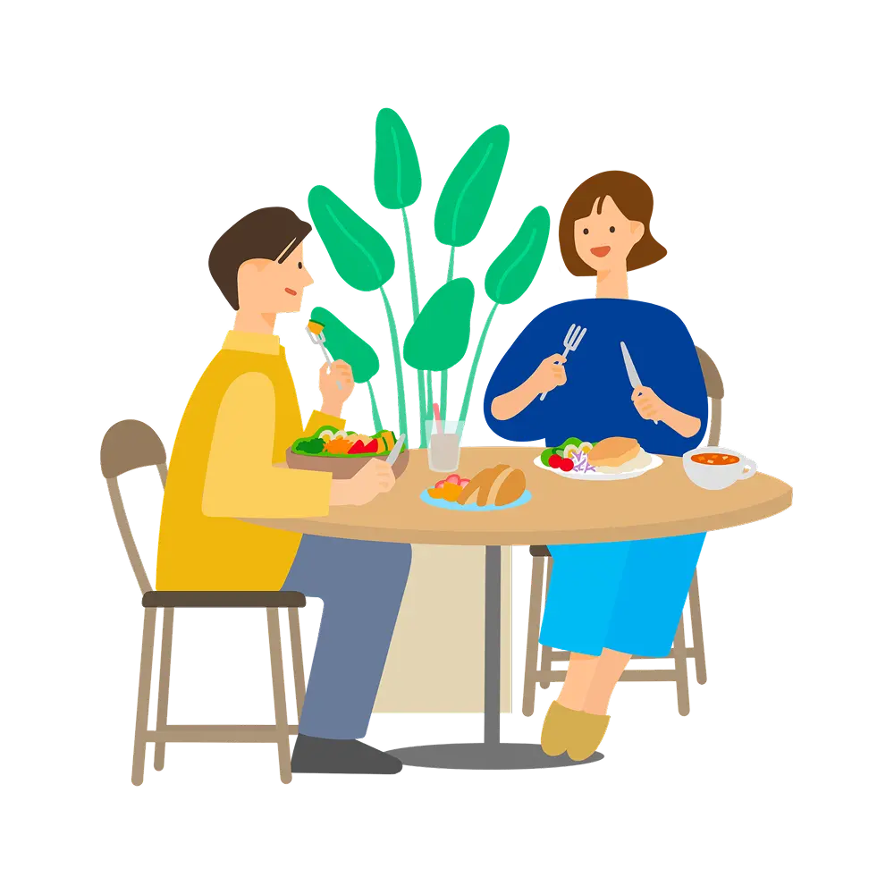 テーブルを囲んで食事をする2人のイラスト